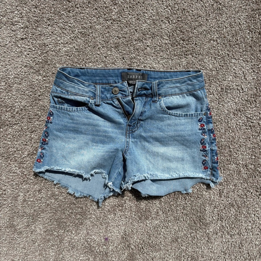 Harper Blue Jean Shorts with Embroidered Accents